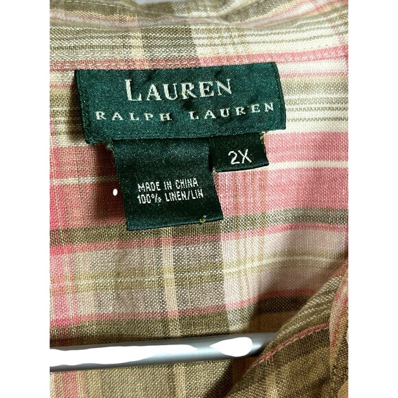 Lauren Ralph Lauren Womens Green/Pink Plaid Linen Button down Shirt Size 2X - Picture 3 of 8